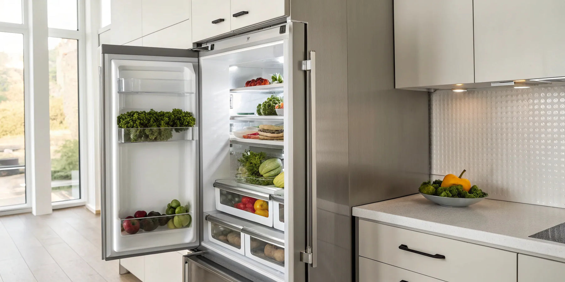 Stainless steel Hoshizaki refrigerator with its door open, showing organized shelves and fresh vegetables.