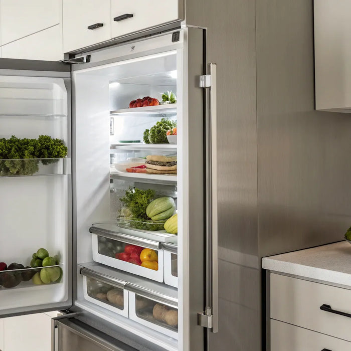Stainless steel Hoshizaki refrigerator with its door open, showing organized shelves and fresh vegetables.