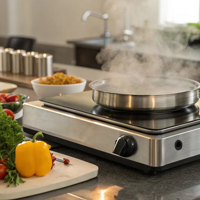 Hot plate cooking vegetables.