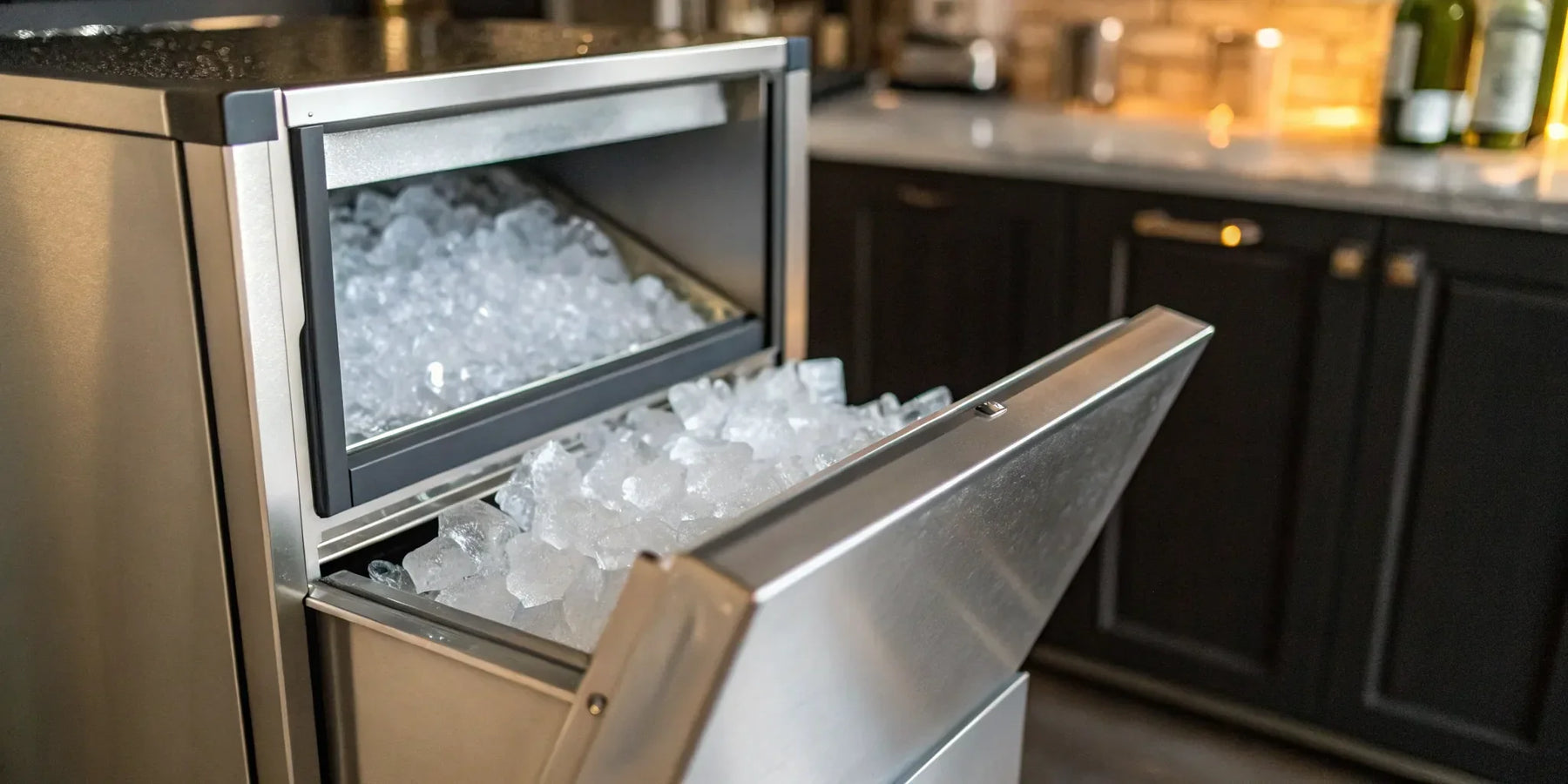 A commercial hotel ice maker with a large storage bin full of fresh ice cubes.