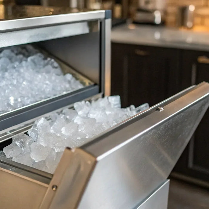 A commercial hotel ice maker with a large storage bin full of fresh ice cubes.
