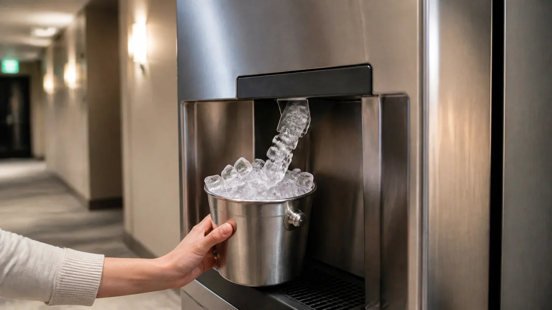 Commercial ice maker with built-in water dispenser in a hotel breakroom, ready for self-serve hydration