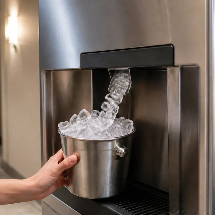 Commercial ice maker with built-in water dispenser in a hotel breakroom, ready for self-serve hydration