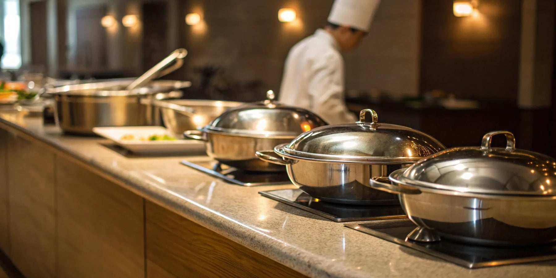 Stainless steel hotel pans in a commercial kitchen.