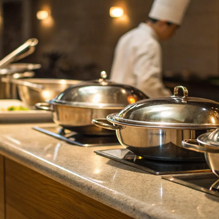 Stainless steel hotel pans in a commercial kitchen.