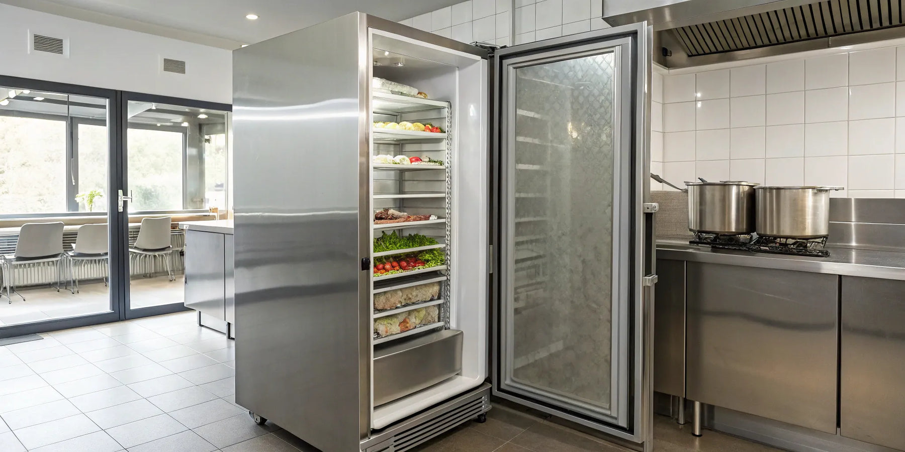 16 cubic foot upright freezer open, showing organized frozen food storage.