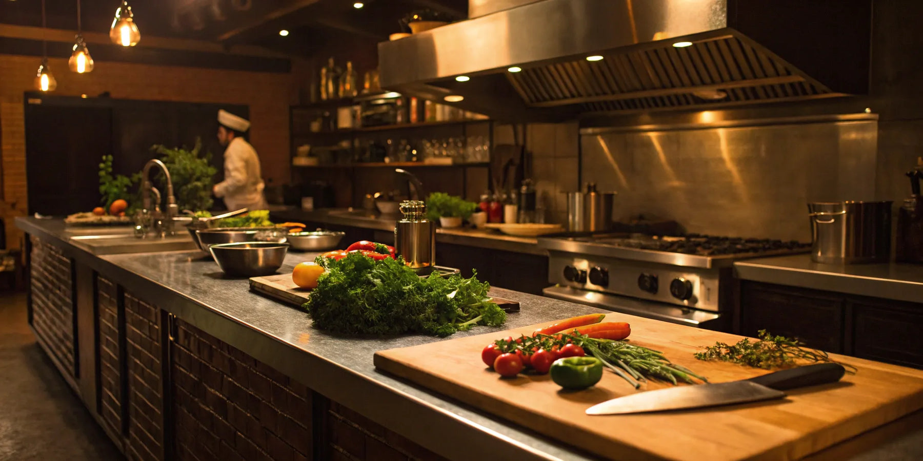 Chef with professional equipment in a kitchen, a major cost to open a restaurant.