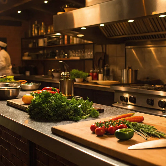 Chef with professional equipment in a kitchen, a major cost to open a restaurant.