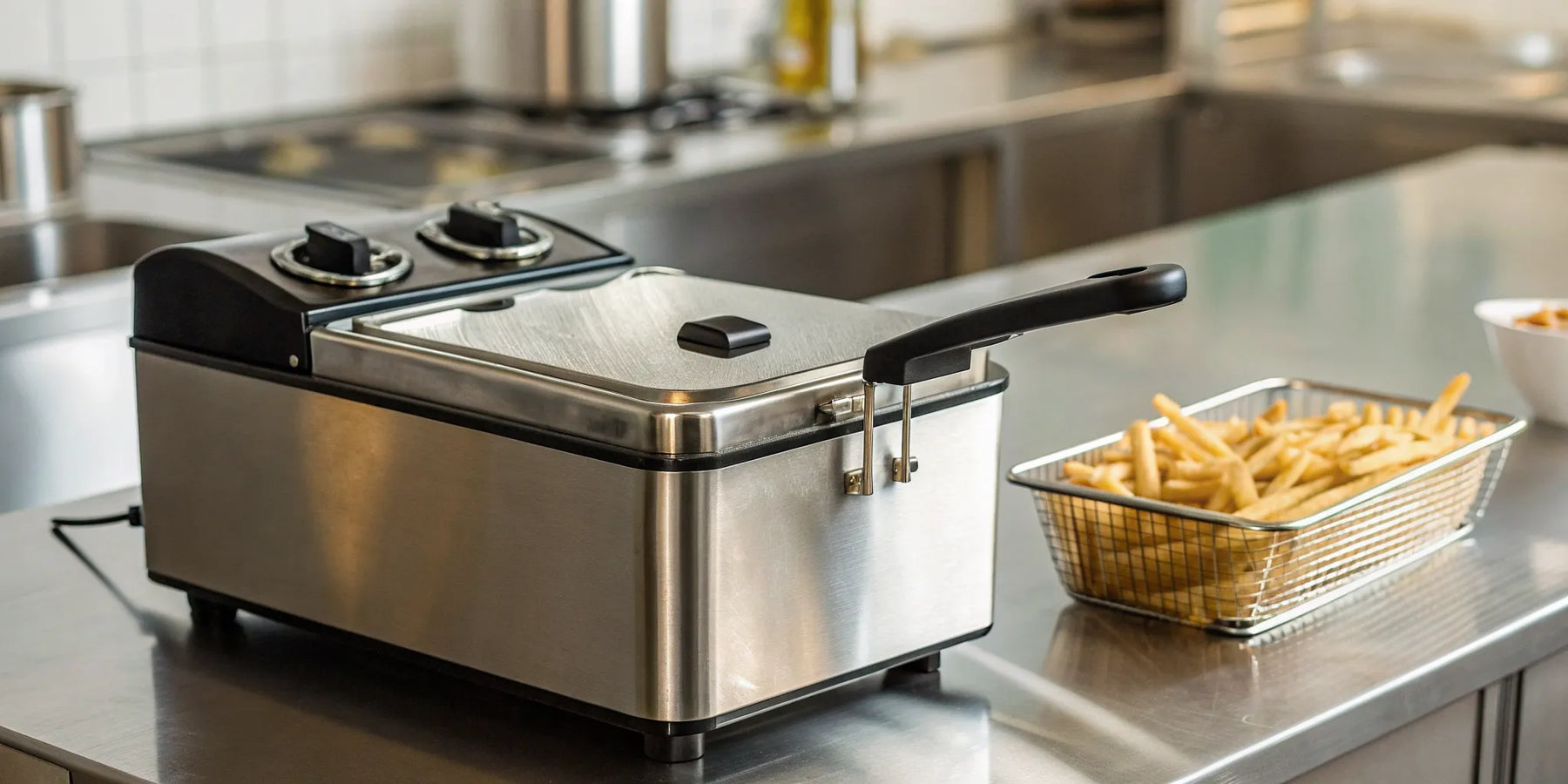 A commercial deep fryer with fries, a key part of knowing how much a fryer is.