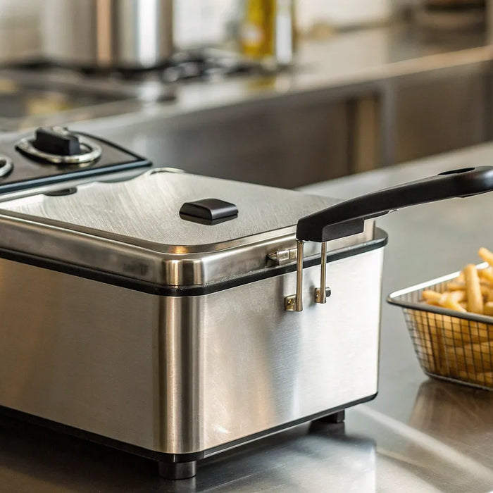 A commercial deep fryer with fries, a key part of knowing how much a fryer is.