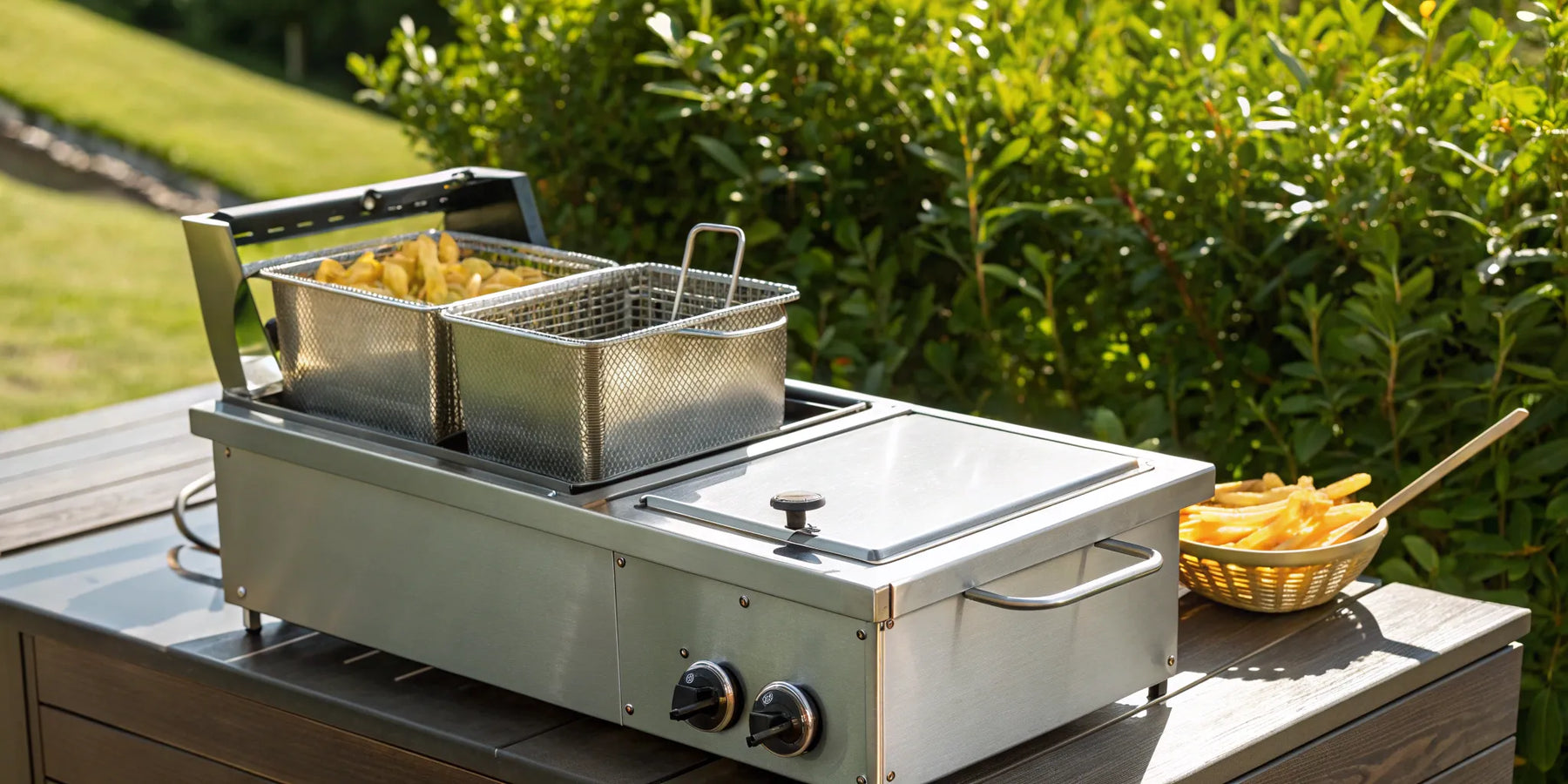 Commercial outdoor deep fryer with baskets of fries prepared for a catering service.