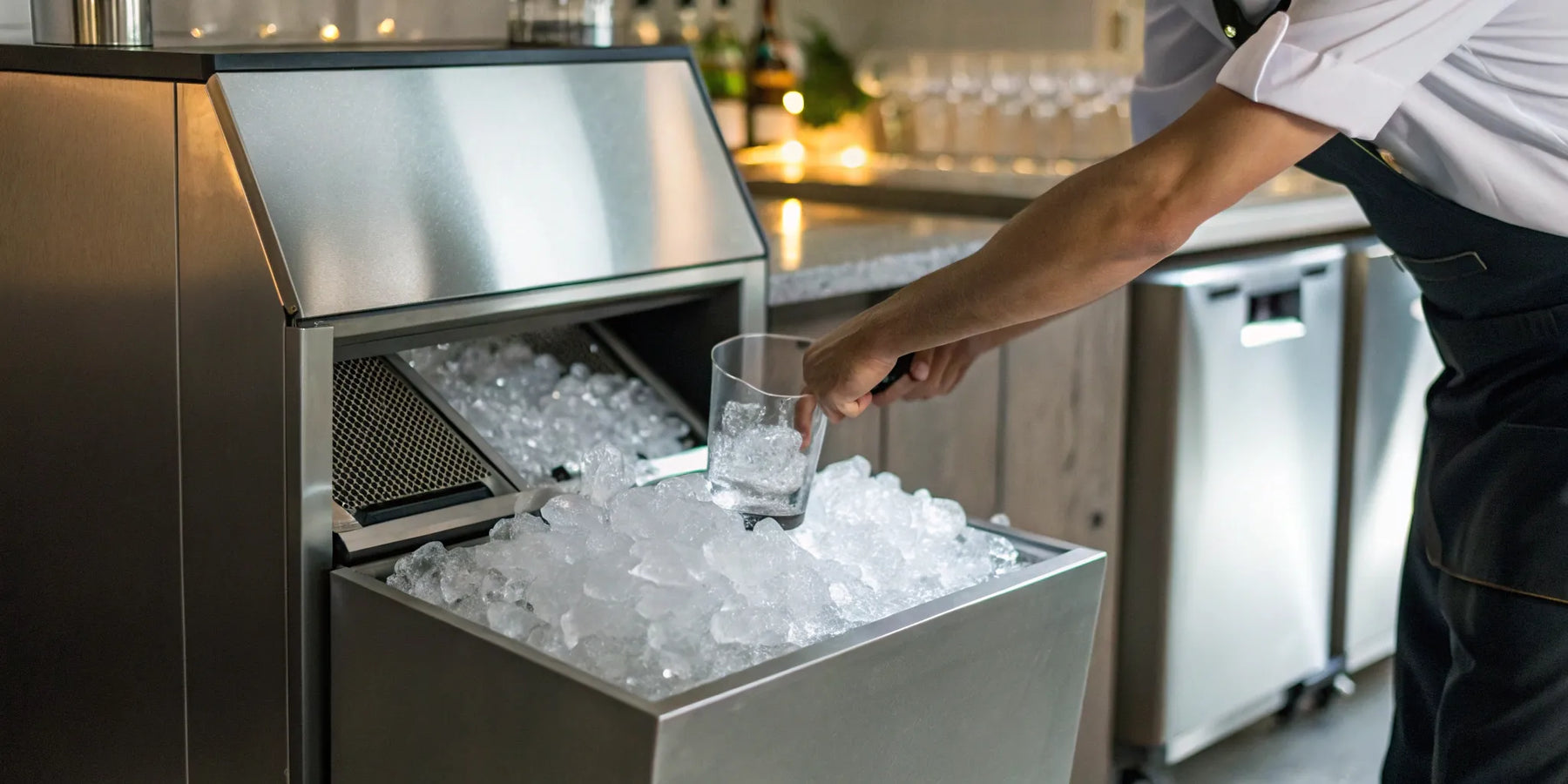 Commercial ice machine dispensing ice.