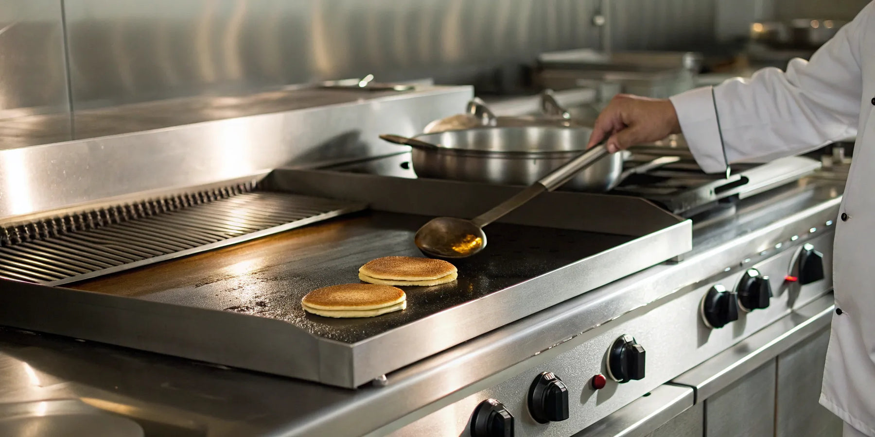A chef using a large gas commercial griddle in a professional restaurant kitchen.