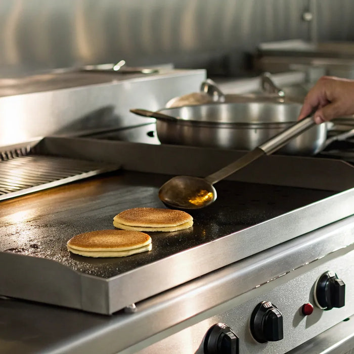 A chef using a large gas commercial griddle in a professional restaurant kitchen.