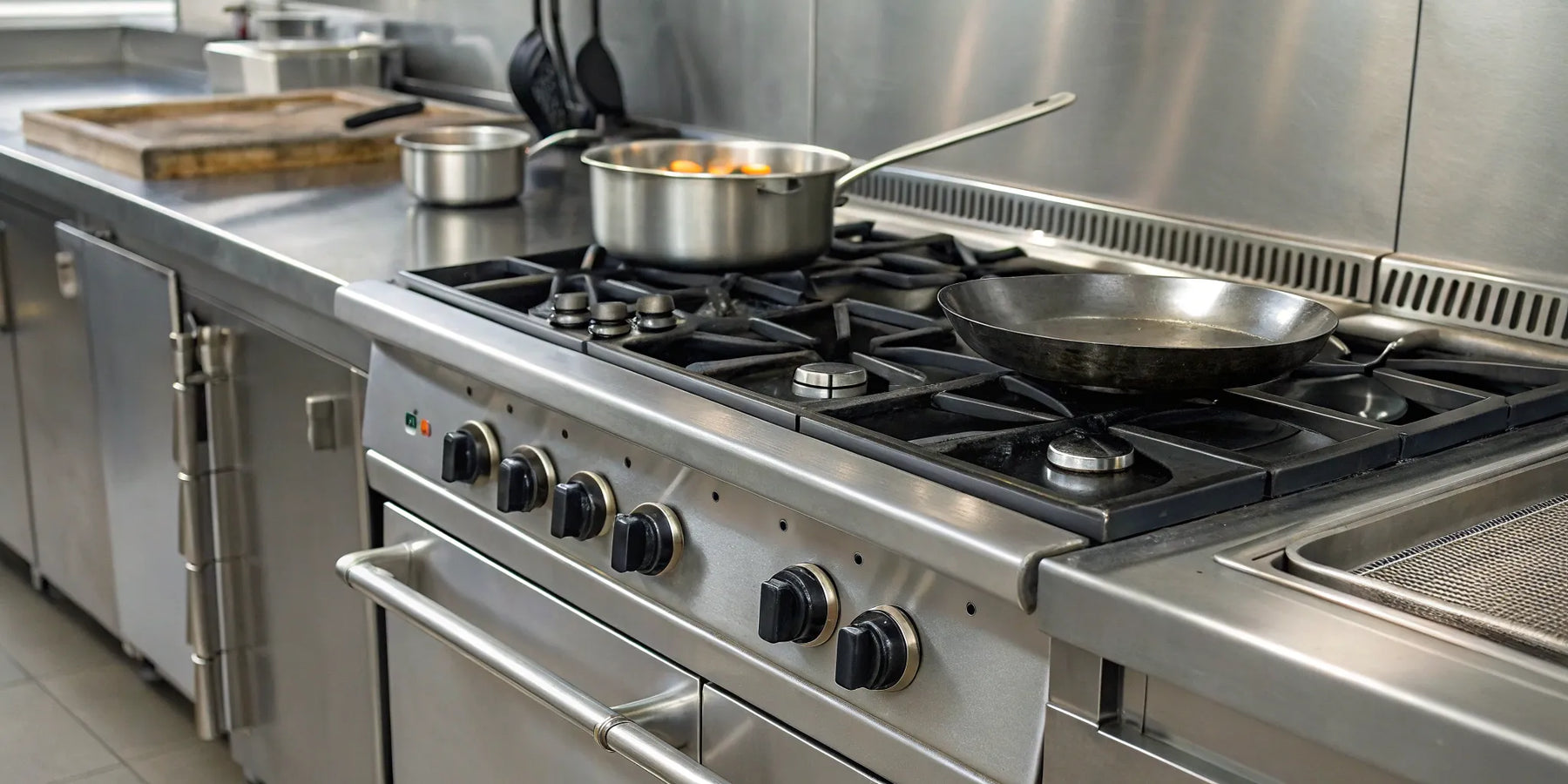 Commercial gas stove with multiple burners.