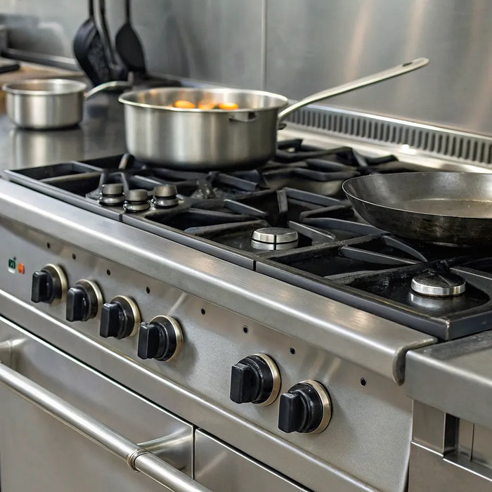 Commercial gas stove with multiple burners.