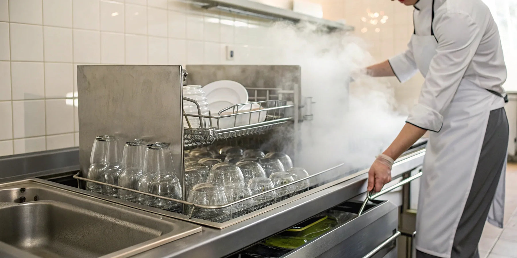 A chef opens a commercial kitchen dishwasher filled with clean, steaming plates.