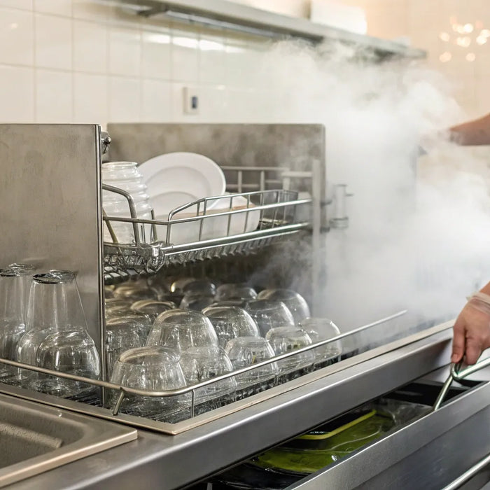 A chef opens a commercial kitchen dishwasher filled with clean, steaming plates.