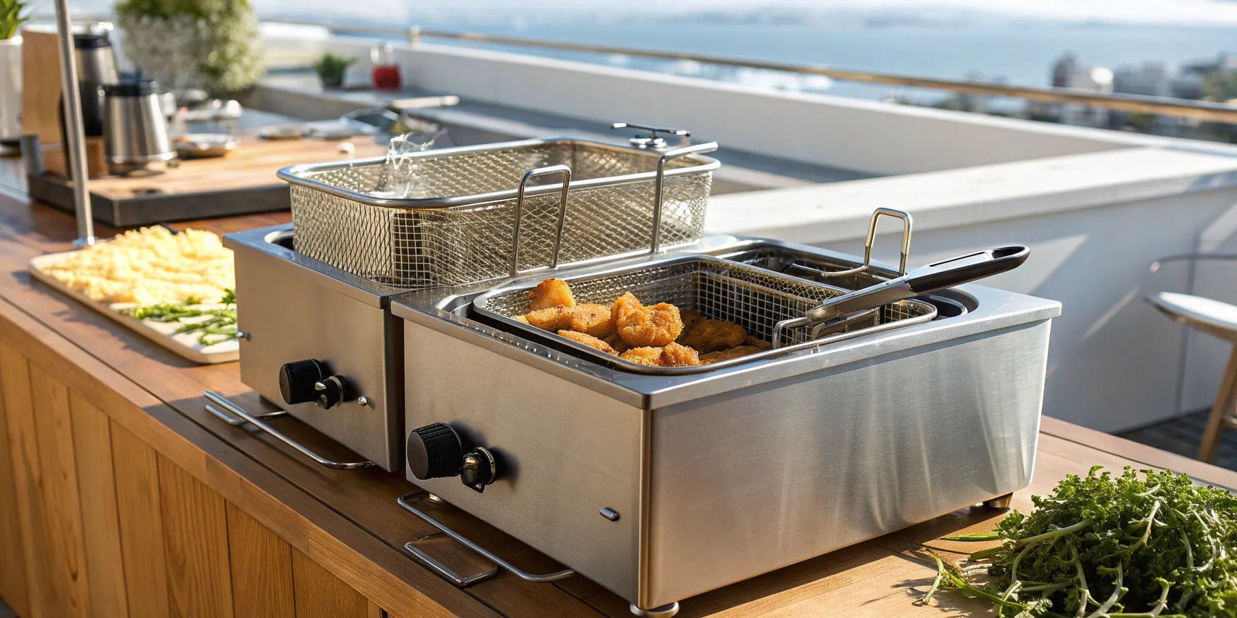Commercial outdoor deep fryer with baskets of fried food on a patio.