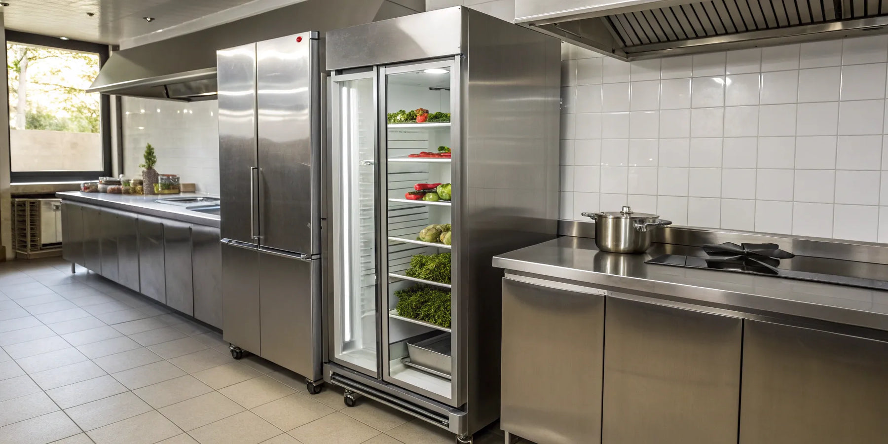 A stainless steel commercial upright refrigerator with a glass door in a professional kitchen.
