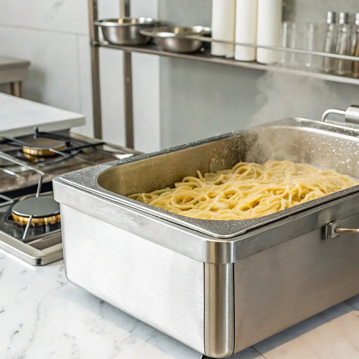 A commercial pasta cooker preparing multiple portions of pasta in a restaurant kitchen.