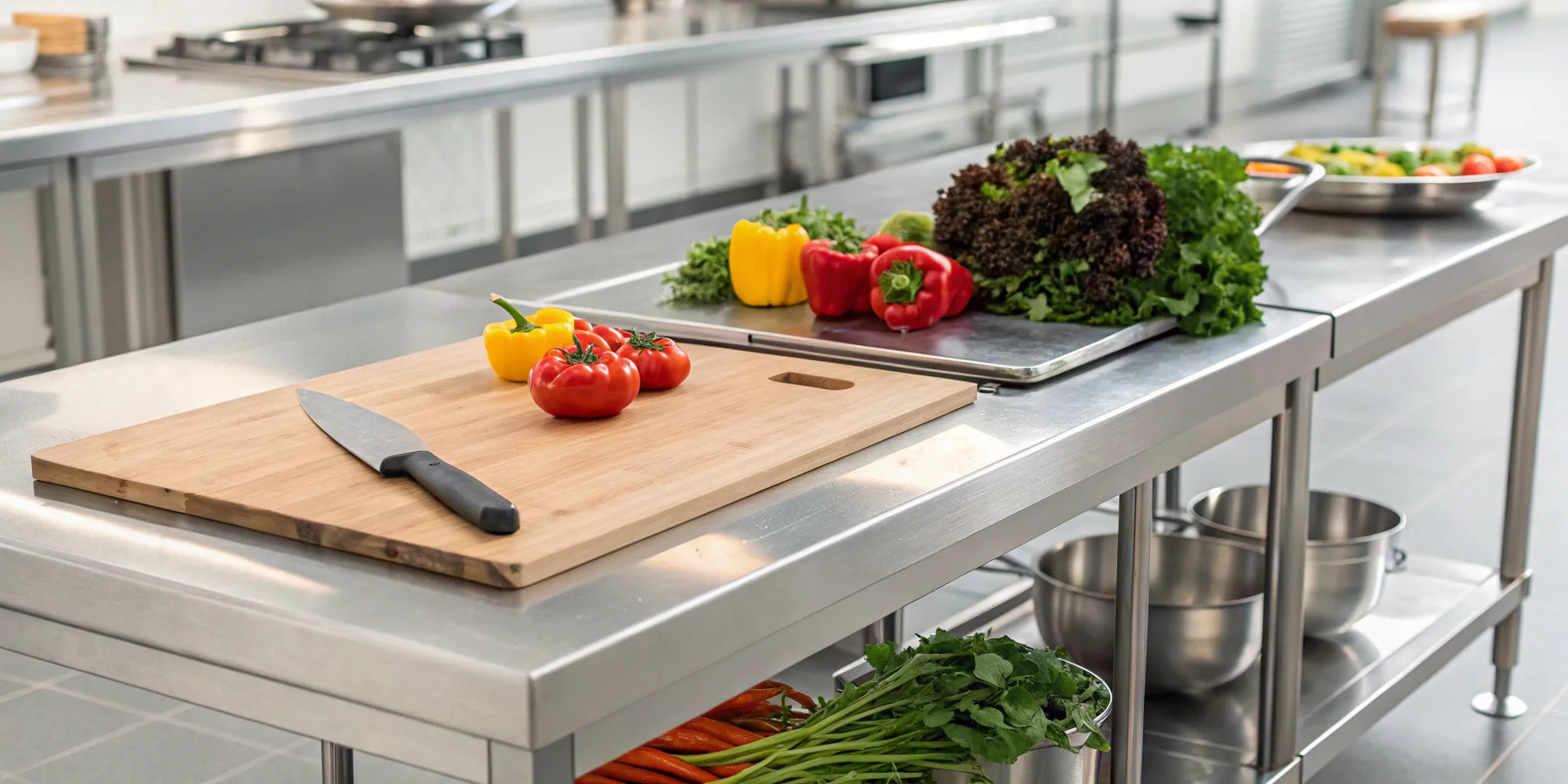 Kitchen prep table with ingredients.