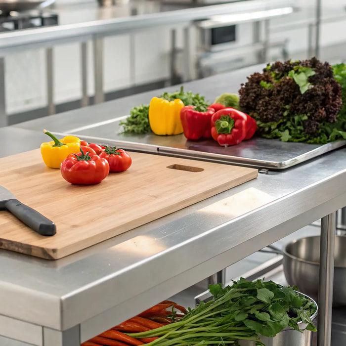 Kitchen prep table with ingredients.
