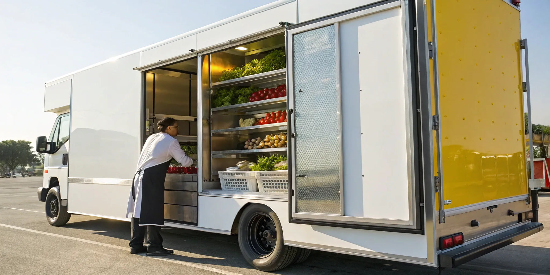An open commercial refrigerator for a food truck, stocked with fresh ingredients.
