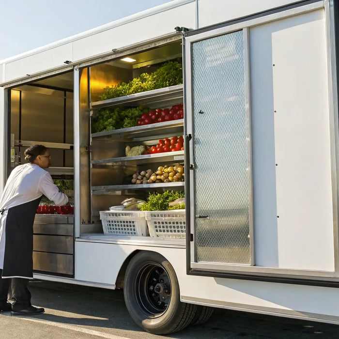 An open commercial refrigerator for a food truck, stocked with fresh ingredients.