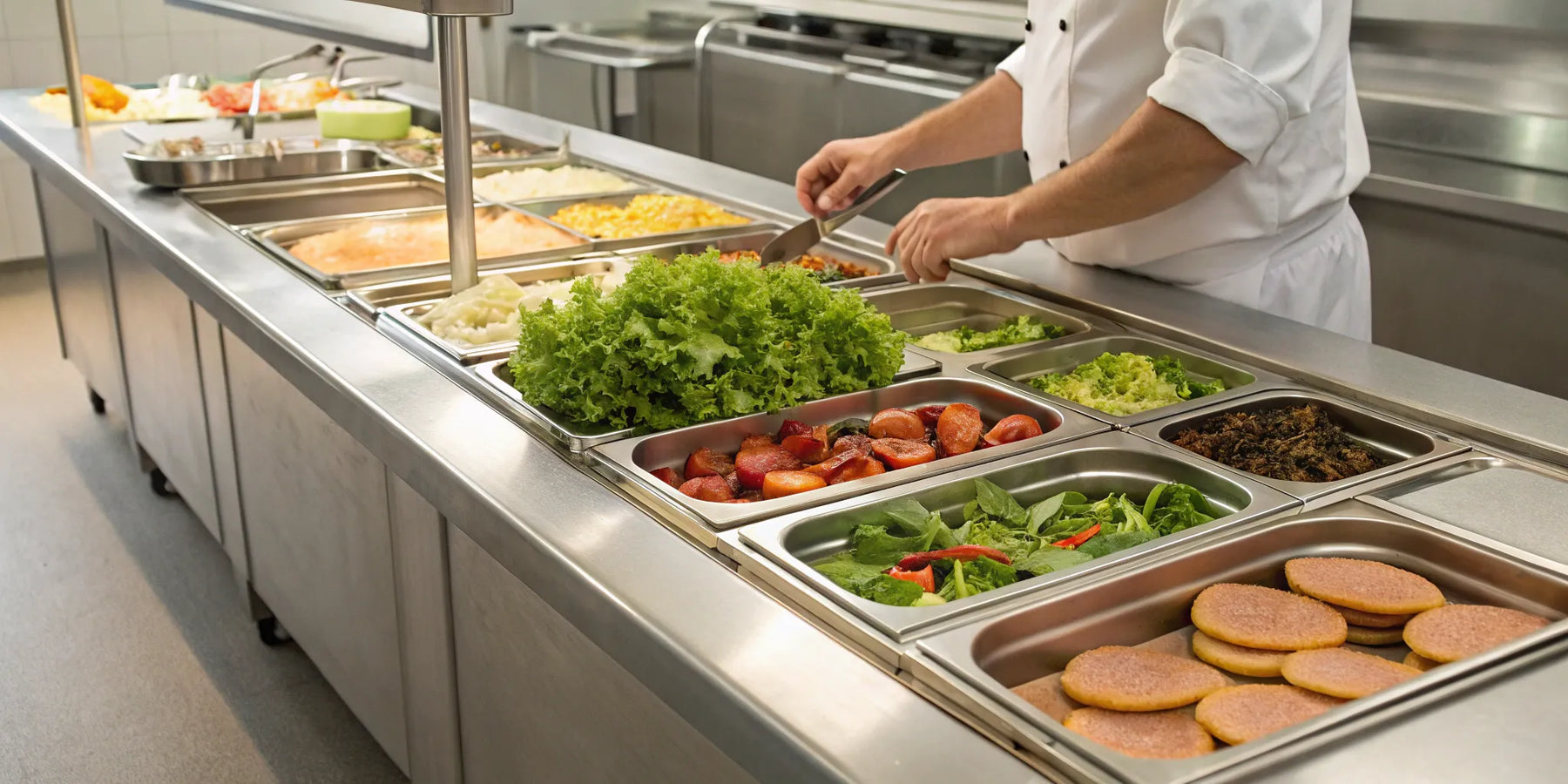 Commercial sandwich prep station with fresh ingredients.