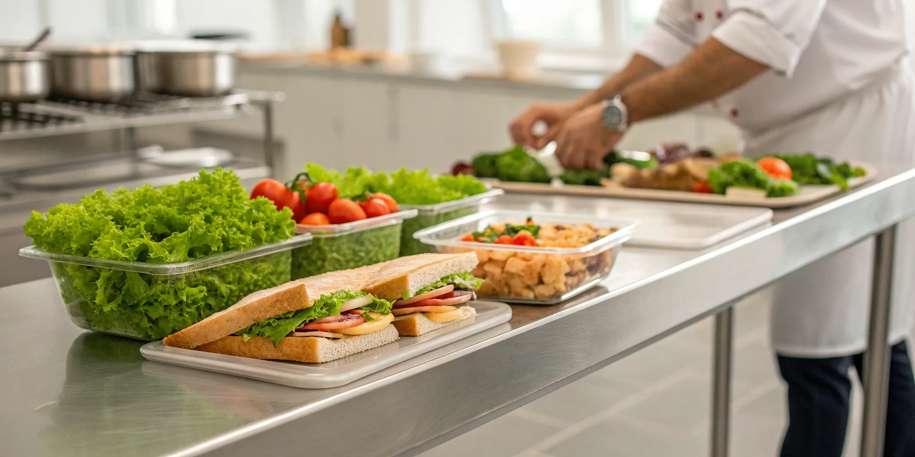 A stainless steel sandwich prep table with fresh ingredients and finished sandwiches.