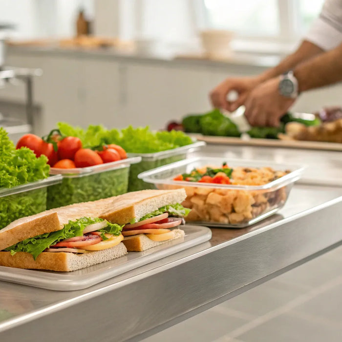 A stainless steel sandwich prep table with fresh ingredients and finished sandwiches.