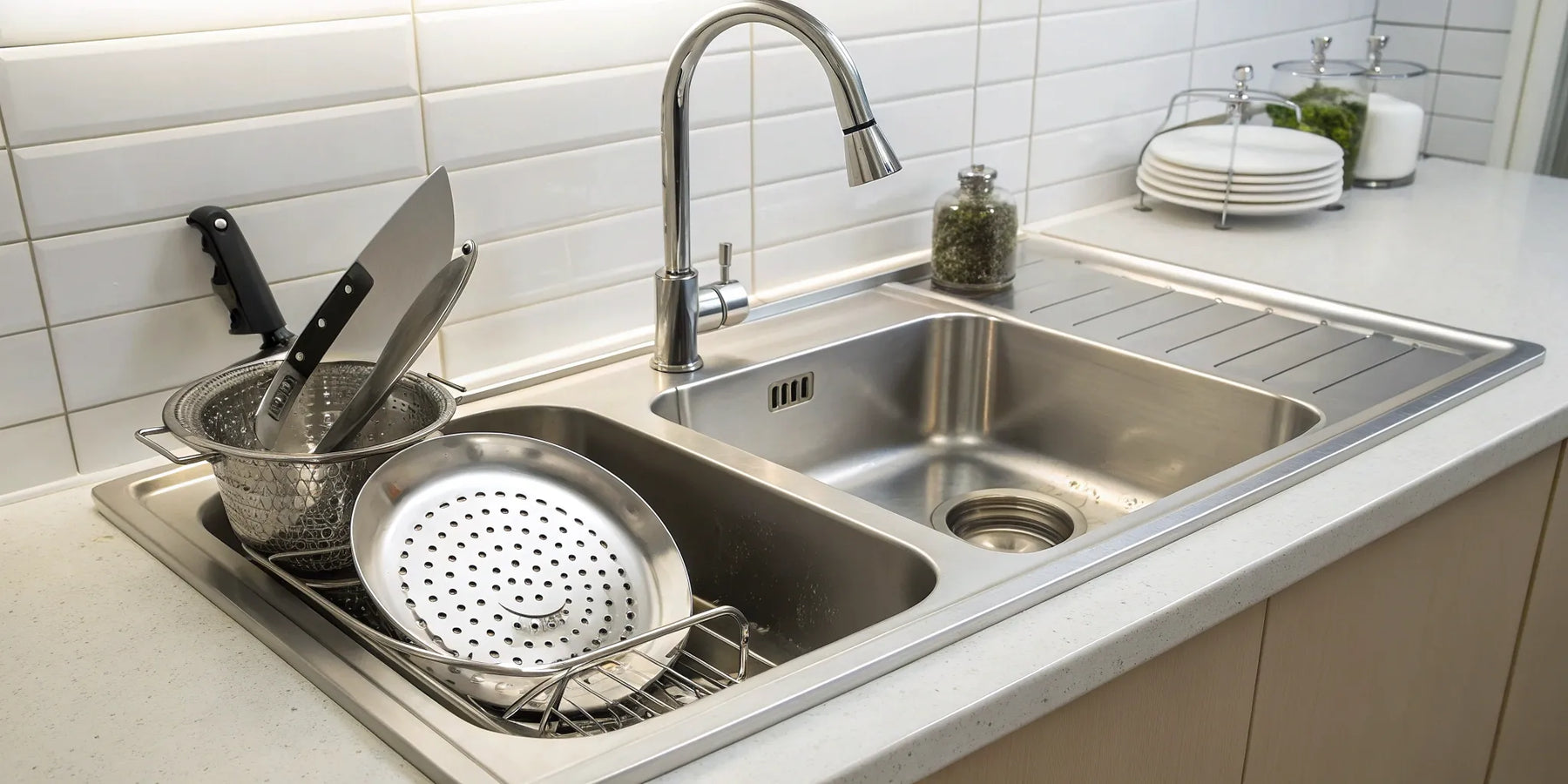 Two-compartment stainless steel commercial kitchen sink with a built-in drainboard.
