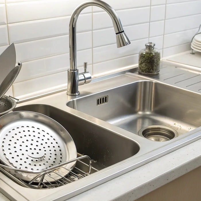 Two-compartment stainless steel commercial kitchen sink with a built-in drainboard.
