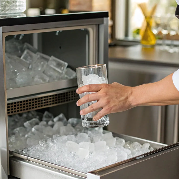 Commercial ice maker dispensing ice into glass.