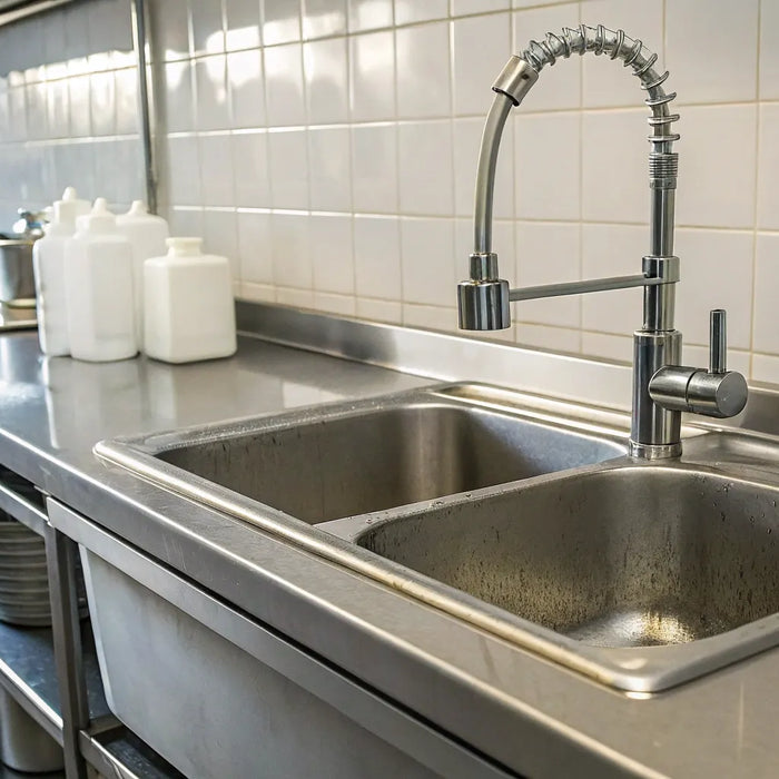 Stainless steel commercial hand sink with a modern faucet in a professional kitchen.