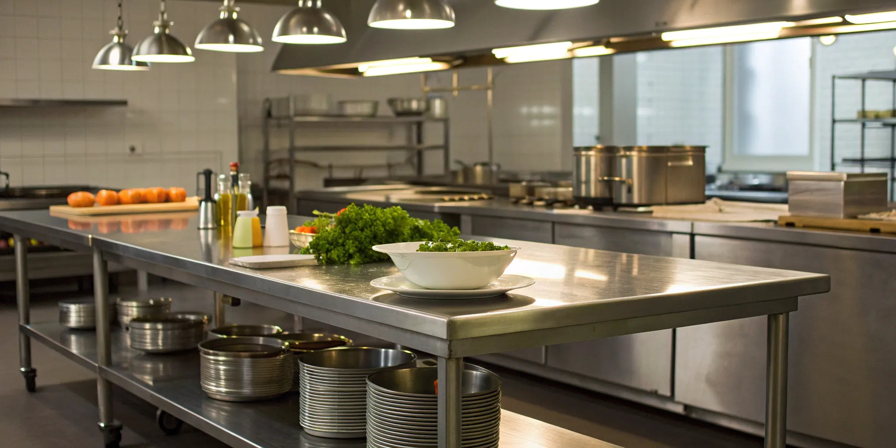 Stainless steel prep tables with undershelf storage in a commercial kitchen.
