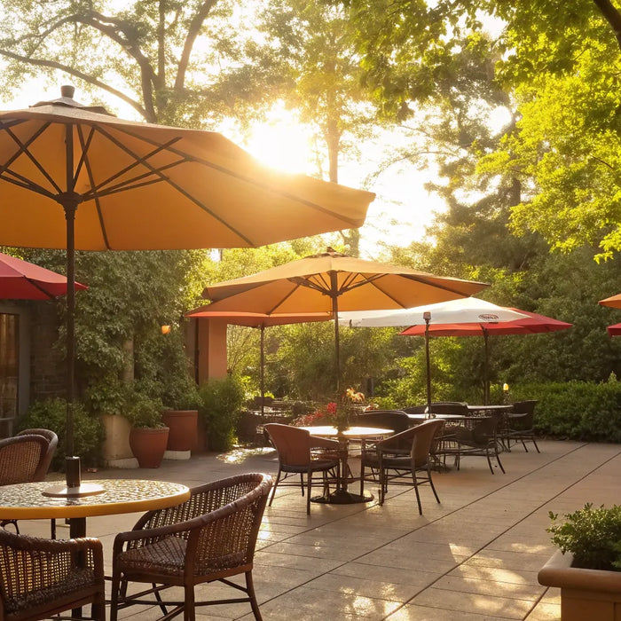 Commercial outdoor restaurant furniture with wicker chairs, tables, and umbrellas on a sunny patio.