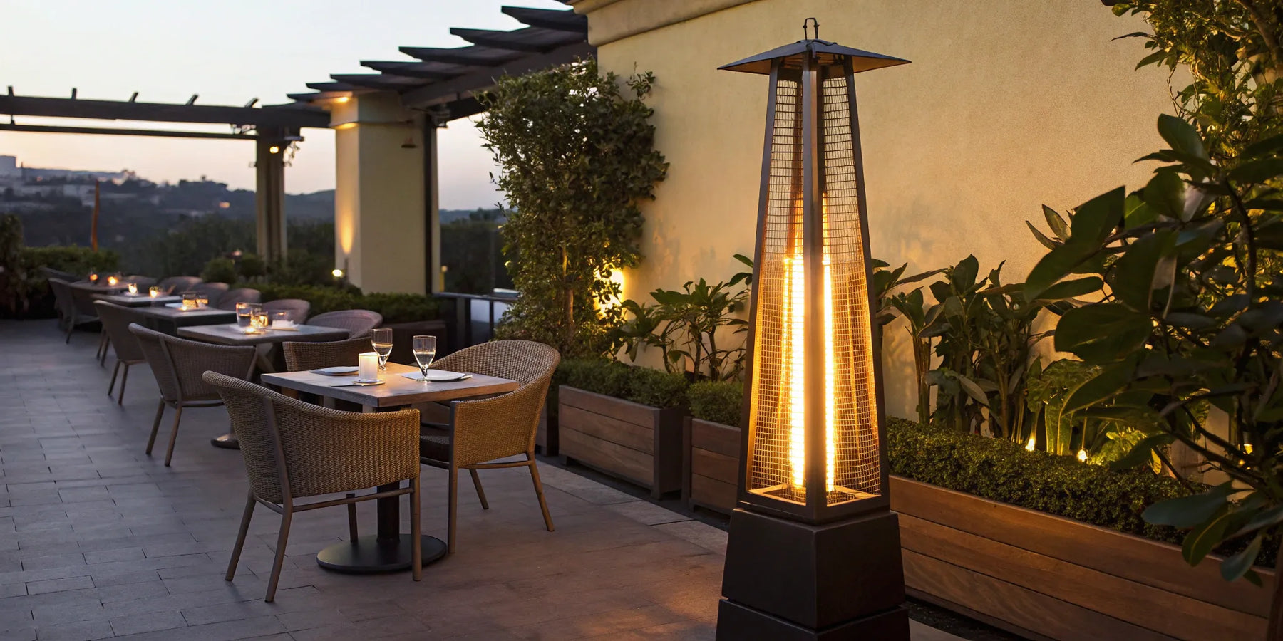 Commercial outdoor heater keeping a restaurant patio warm for customers.