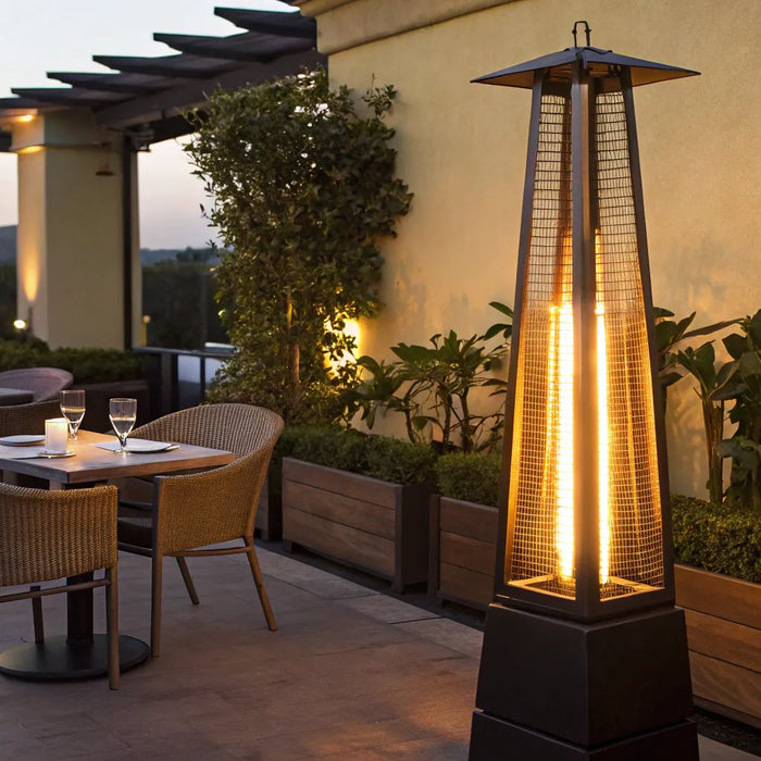 Commercial outdoor heater keeping a restaurant patio warm for customers.
