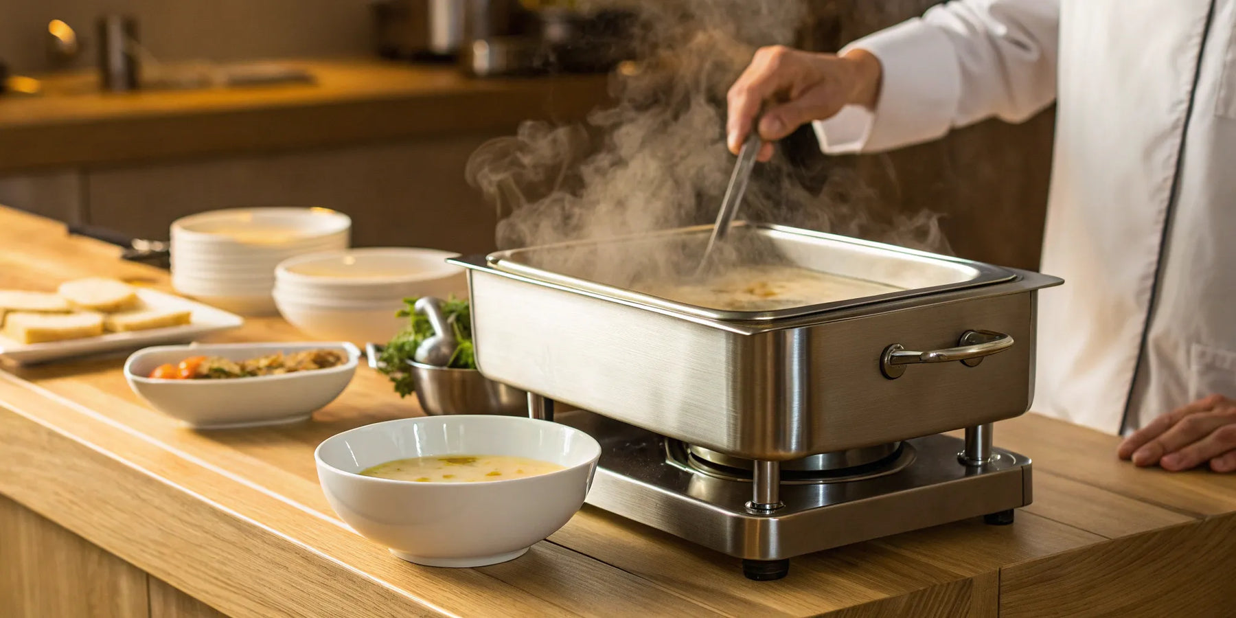 A commercial soup warmer in a restaurant kitchen with a chef serving hot soup.
