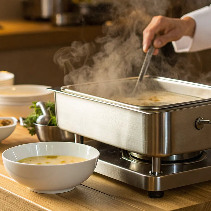 A commercial soup warmer in a restaurant kitchen with a chef serving hot soup.