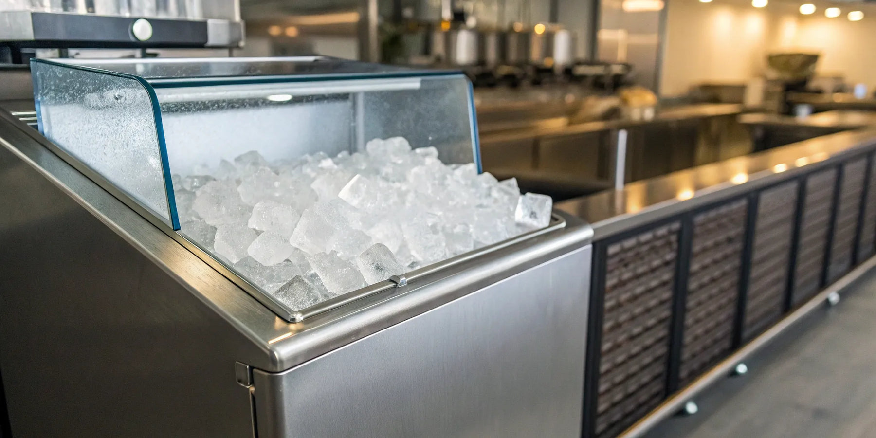 A stainless steel commercial machine producing clear, solid cube ice.