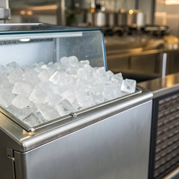 A stainless steel commercial machine producing clear, solid cube ice.