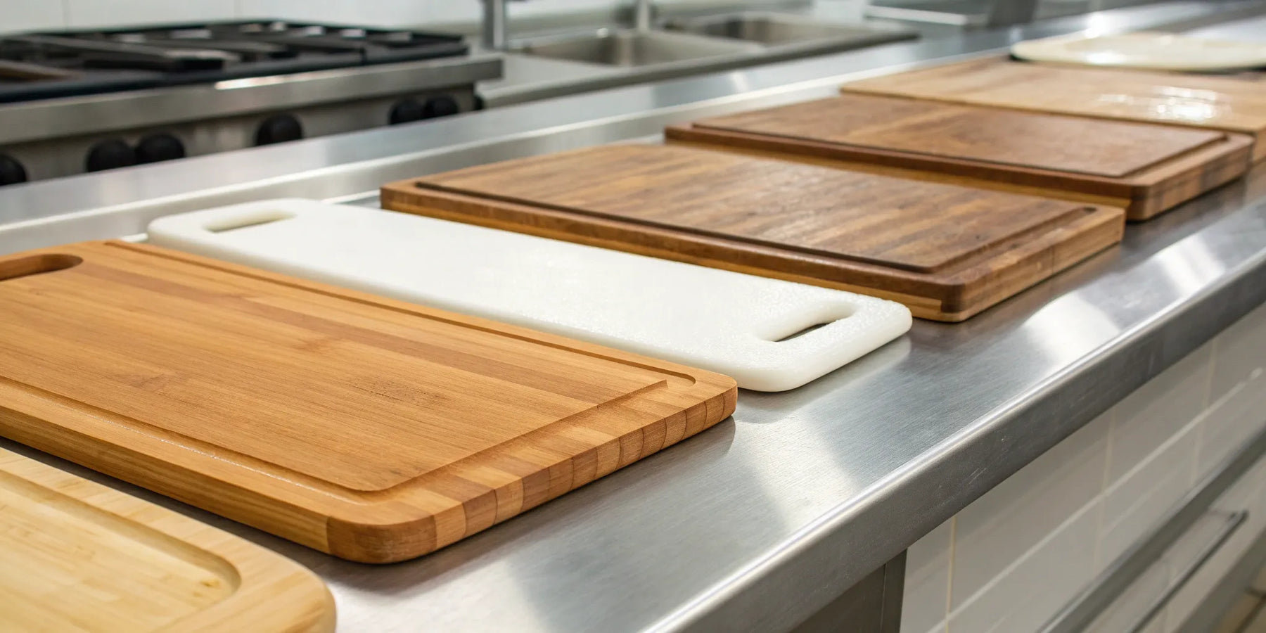 Various wood and plastic cutting boards for a professional restaurant kitchen.
