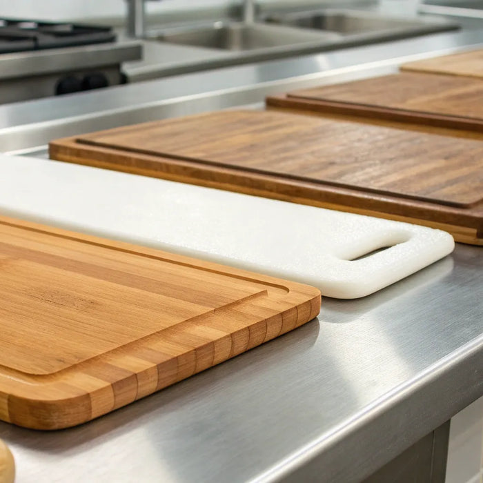 Various wood and plastic cutting boards for a professional restaurant kitchen.