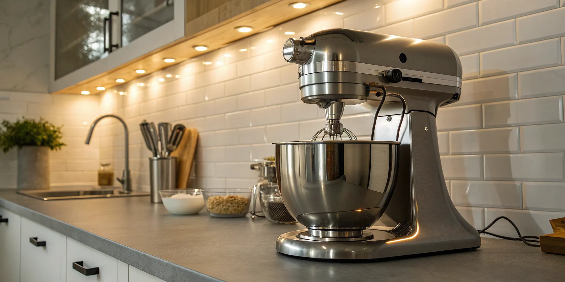 A commercial stainless steel floor mixer with a large bowl in a professional kitchen.