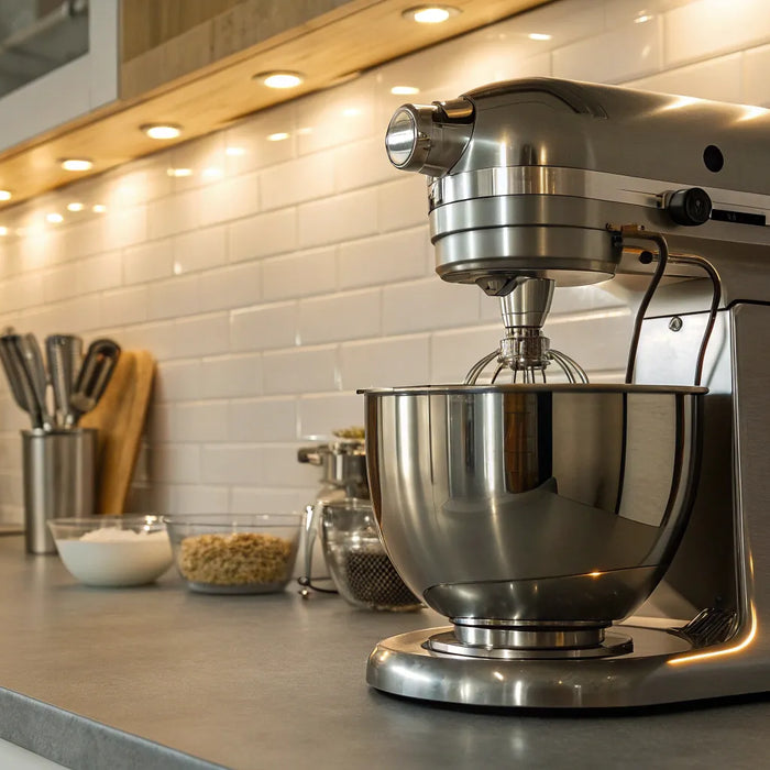 A commercial stainless steel floor mixer with a large bowl in a professional kitchen.
