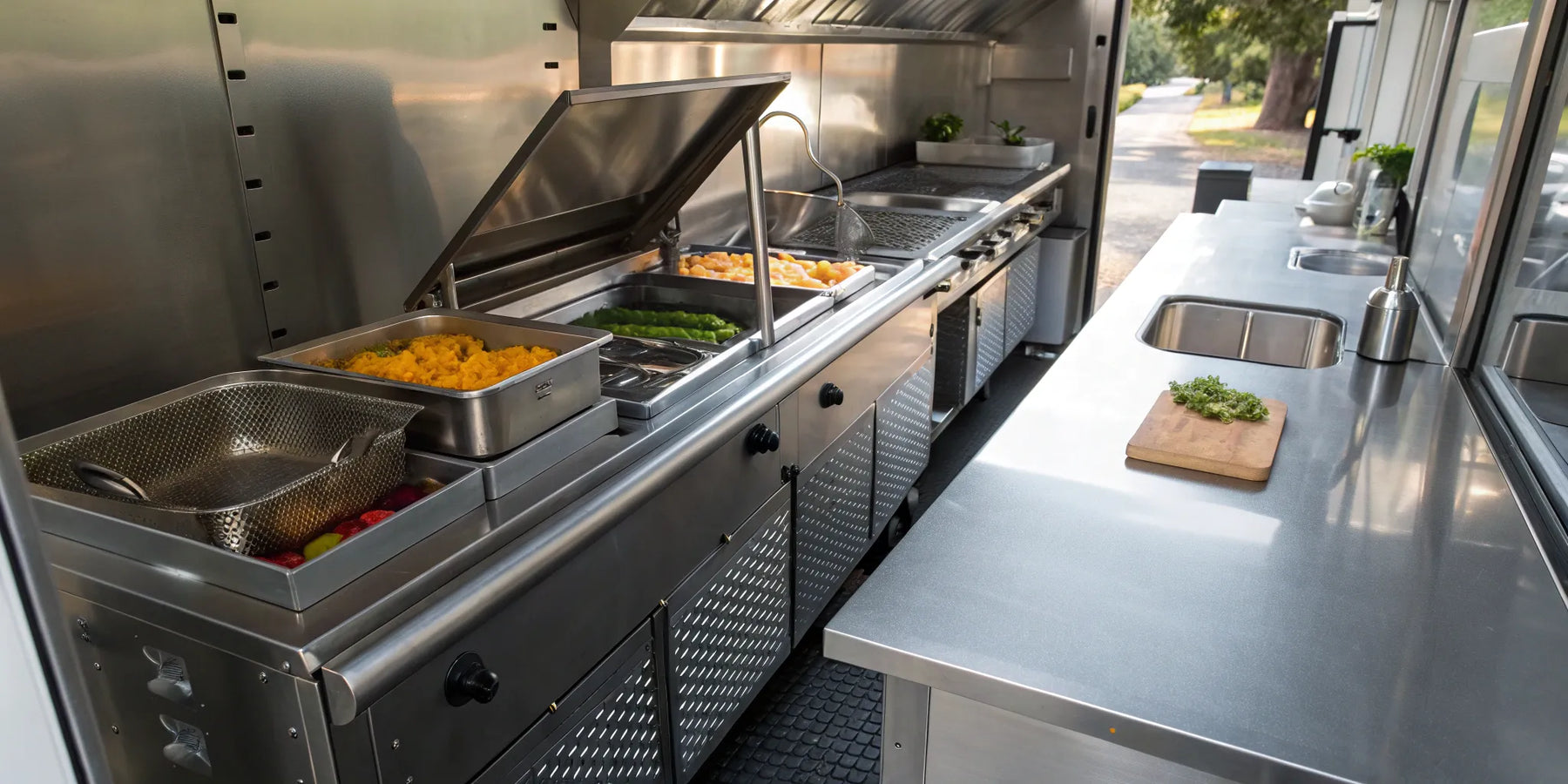 A stainless steel commercial fryer installed in a compact food truck kitchen.