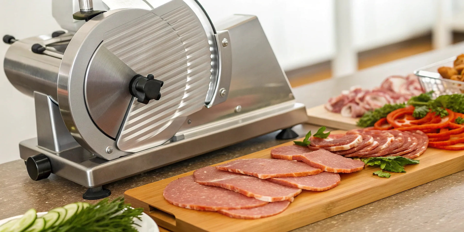 An industrial meat slicer producing consistent, thin slices of deli meat.